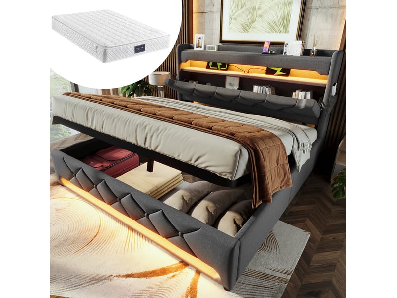  Lit double 160 x 200 cm gris en lin avec rangement hydraulique, led et matelas  - Conforama B