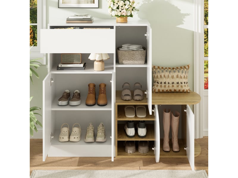 Meuble à chaussures 130x35x110,5 cm avec banquette, 5 portes, 1 tiroir et niche ouverte, grand rangement - Blanc et naturel Fay Lum - Conforama D