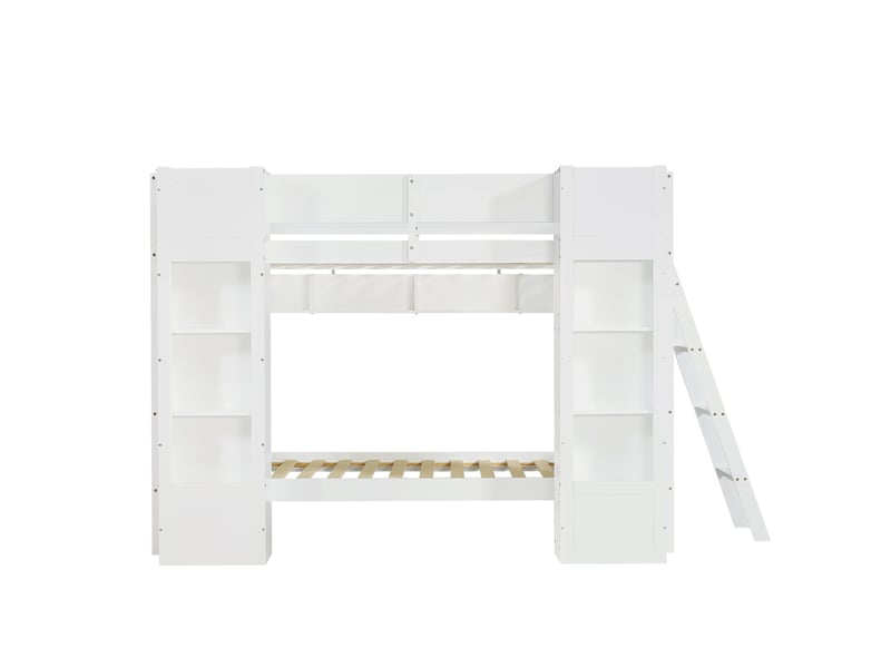  Lit superposé blanc 90x200 cm, lit superposé enfant avec rangements, 2 placards frontaux, étagère suspendue, échelle réversible et protection antichute.  - Conforama D