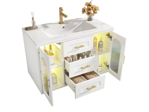 Meuble vasque mural 76x46x55 cm, meuble salle de bain avec led, porte en verre cannelé, tiroirs et étagères réglables, mdf, blanc