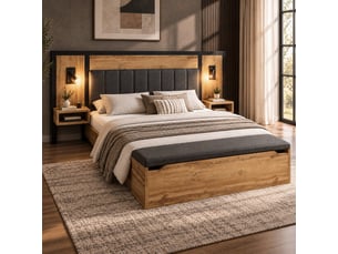 Lit double rembourré 180x200 avec chevets intégrés, lampes de lecture tactiles, ports usb et usb-c, banc coffre, sommier, mdf coloris chêne