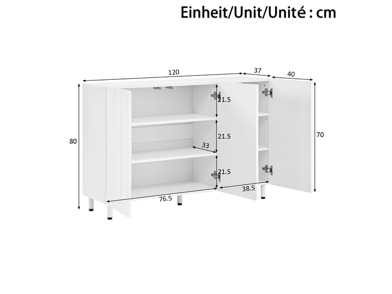  Meuble à chaussures - 120x40x80cm - buffet 2-en-1, 3 portes avec motifs en arc &amp; charnières amorties - blanc  - Conforama E