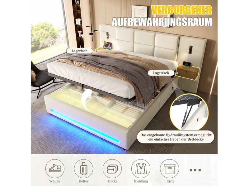  Lit coffre 180x200 cm avec tête de lit, tiroirs, led, ports usb-c, métal, velours beige sans matelas  - Conforama D