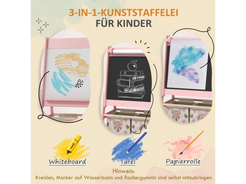  Chevalet enfant 3 en 1 rose, rouleau papier, tableau noir, tableau blanc, paniers rangement, 54x46,5x93 cm  - Conforama C