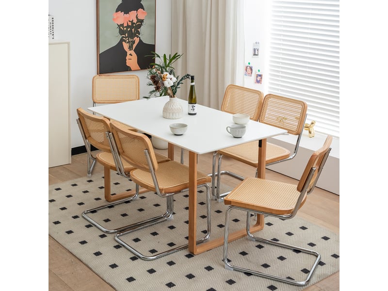  Lot de 2 chaises de salle à manger 53x46,4x84,6 cm, design rétro moderne, dossier en rotin et pieds chromés pour cuisine, rotin et chrome, naturel Sol Morn - Conforama E