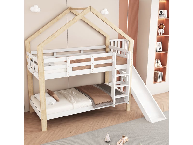 Lit superposé enfant 90x200 cm – blanc et naturel – maison avec toboggan et échelle 3 marches – sans matelas - Conforama B