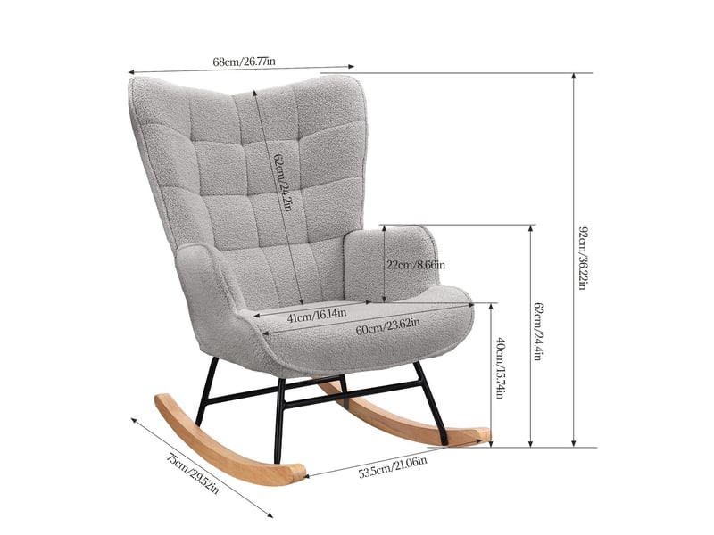  Fauteuil à bascule - 75x68x92cm - rocking chair en tissu bouclette avec dossier capitonnée et pieds en bois - gris clair  - Conforama E