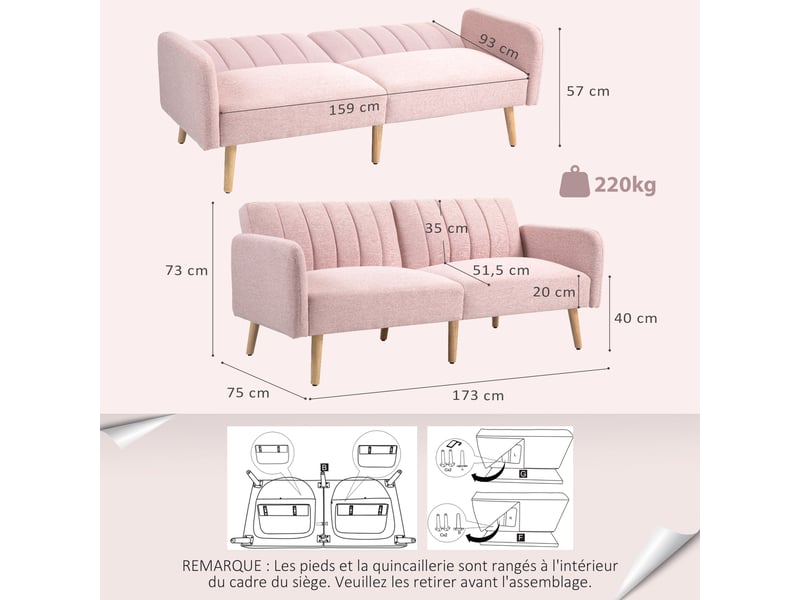  Canapé convertible 2 places design scandinave dossier inclinable 3 positions pieds bois tissu aspect lin rose  - Conforama C