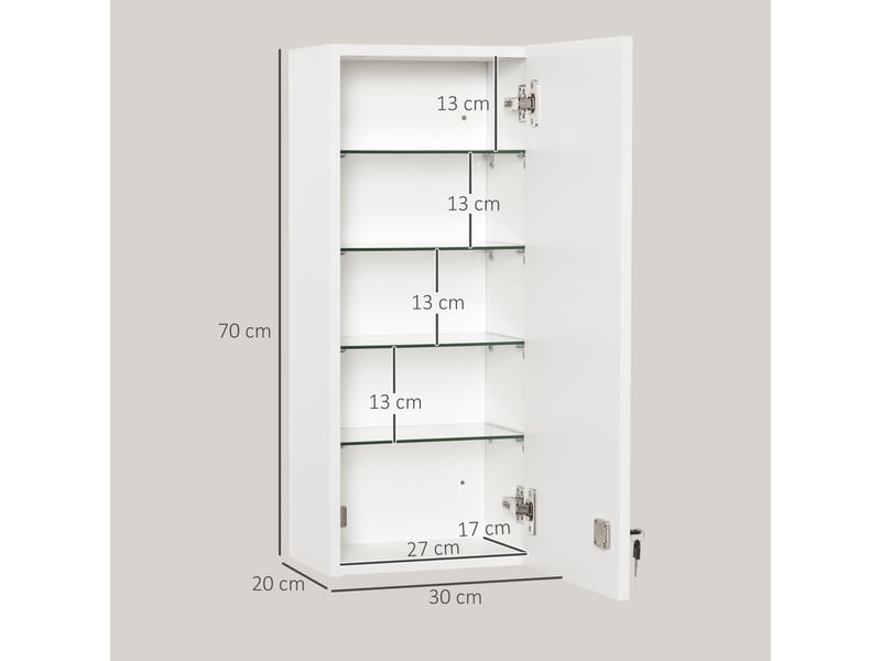  Armoire à pharmacie murale avec serrure, 5 étagères et tablettes réglables, bois et verre, 30x20x70cm, blanc  - Conforama C