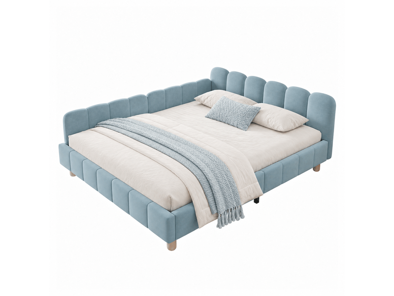  Lit enfant 140 x 200 cm avec sommier à lattes inclus, velours bleu et tête de lit rembourrée  - Conforama R