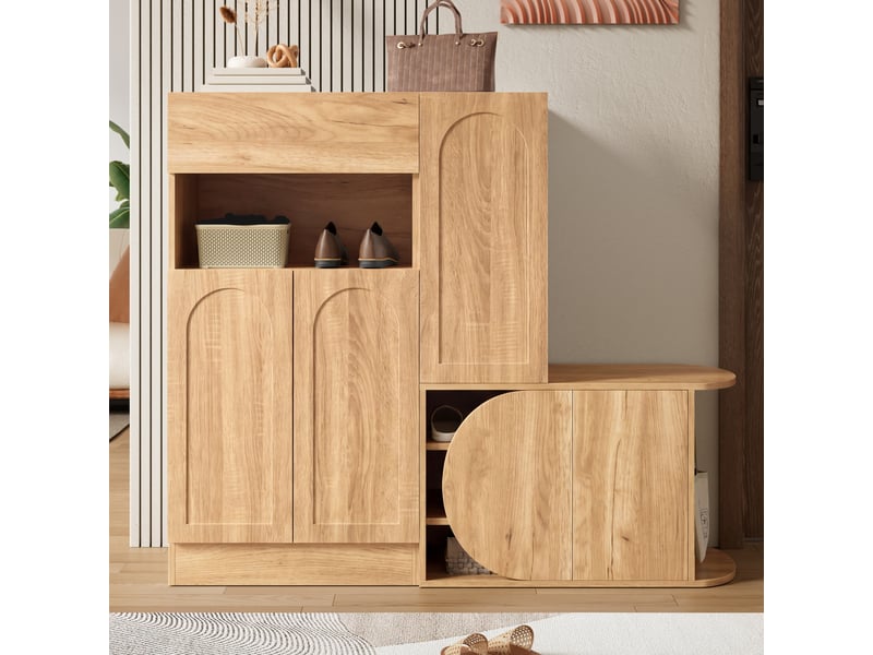  Meuble à chaussures 130x35x110,5 cm avec banquette, 5 portes, 1 tiroir et niche ouverte, grand rangement - Naturel Fay Lum - Conforama B