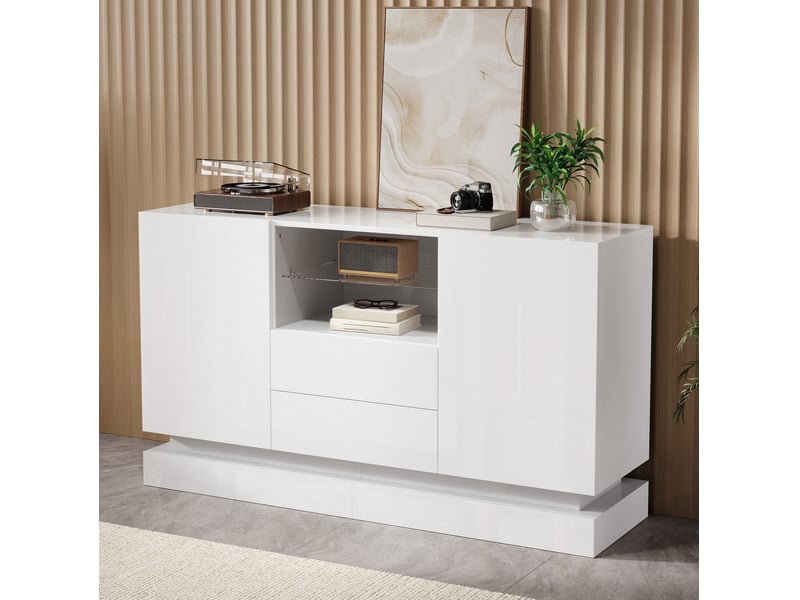 Buffet 140x40x80 cm avec led, 2 tiroirs et 2 portes blanc brillant - Conforama E