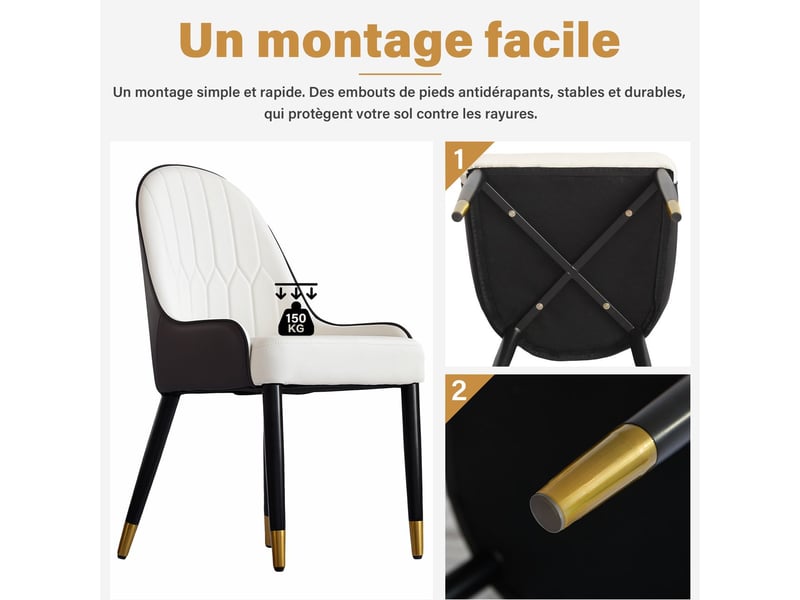  Lot de chaises 2 pièces dossier ergonomique revêtement rembourré en cuir pu pieds en métal bicolores blanc et marron charge maximale 150 kg  - Conforama E
