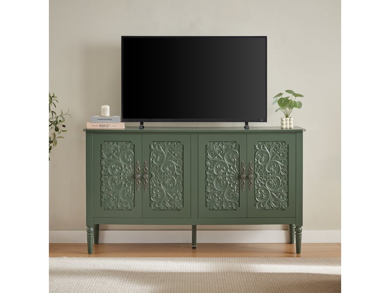 Buffet 160x40x89 cm, design rétro à relief, 4 portes, angles arrondis, panneau de particules, vert, rangement salon - Conforama E