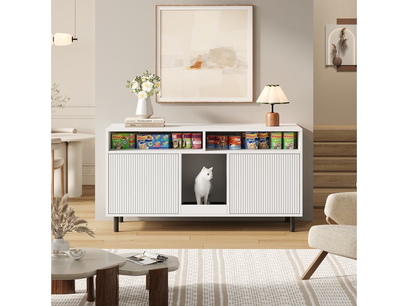  Meuble cache-litière pour félins 120x50x66 cm – blanc – 2 bacs, tapis anti-projection et double porte  - Conforama B