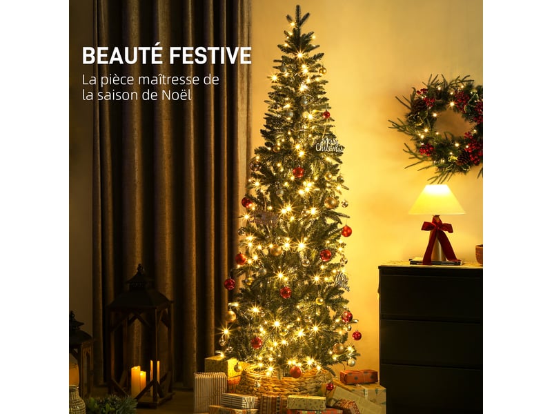  Sapin de noël artificiel 210 cm, arbre de noël slim avec 300 lumières 8 modes d'éclairage 826 branches articulées, vert  - Conforama D