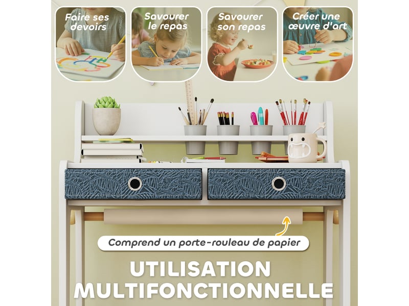  Bureau enfant avec chaise, table enfant et chaise avec 2 tiroirs en tissu et porte-gobelet, 62,8x55,6x73,8cm, blanc  - Conforama E