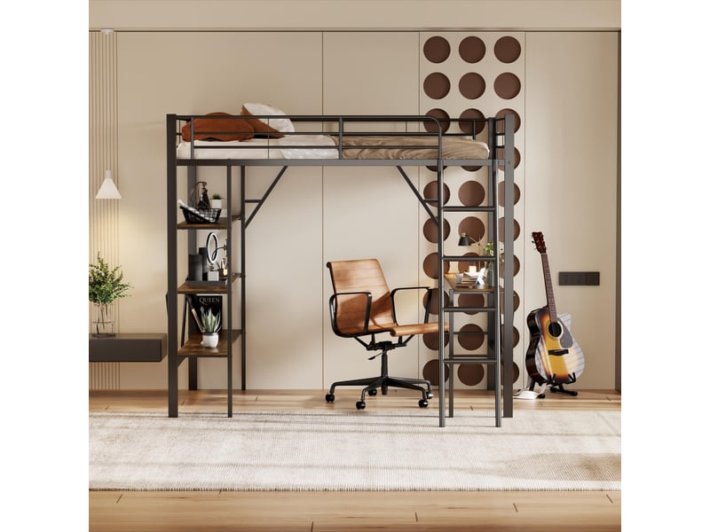  Lit mezzanine en métal 90x200 avec bureau et 3 étagères, cadre robuste avec échelle, lit mezzanine noir pour adulte et enfant.  - Conforama E