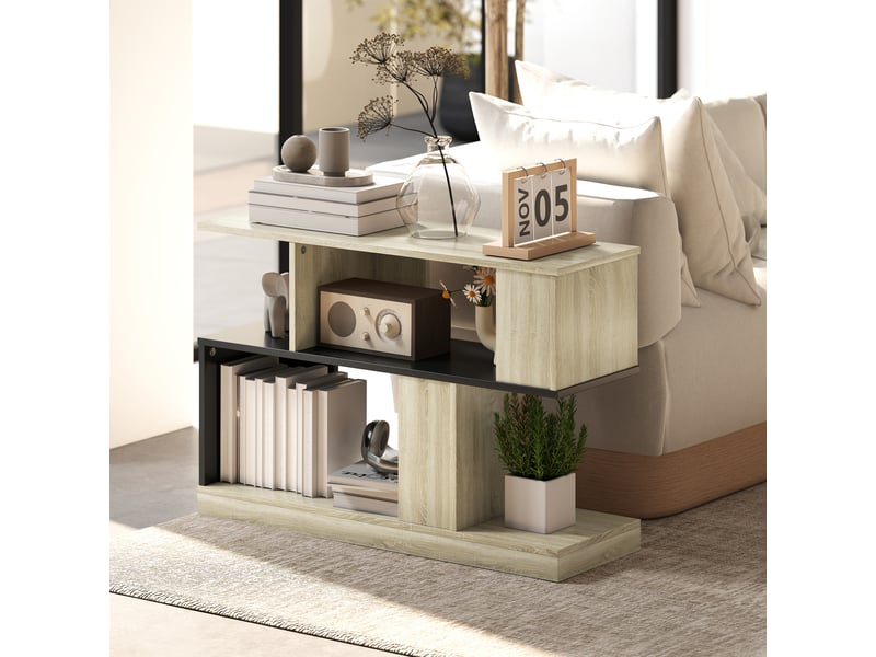  Table d'appoint en forme s, bout de canapé à 3 niveaux étagères de rangement, effet bois naturel noir, 90 x 30 x 61 cm  - Conforama A