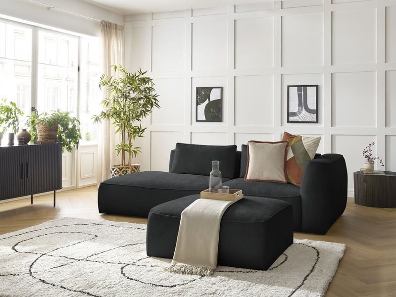  Bobochic canapé droit fixe 3 places leopold tissu texturé avec pouf noir  accoudoir droit LEOPOLD - Conforama B