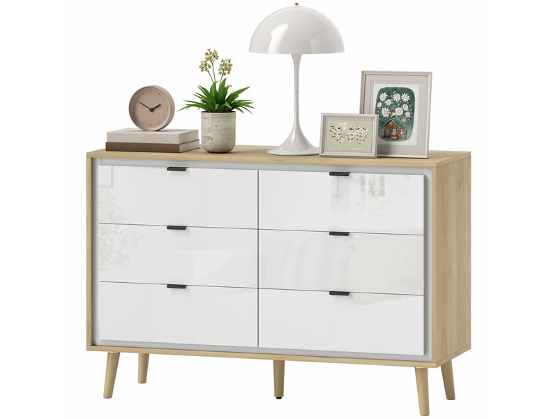  Commode à 6 tiroirs, style moderne, pieds en bois, 110 x 40 x 75 cm, blanc brillant et chêne.  - Conforama B