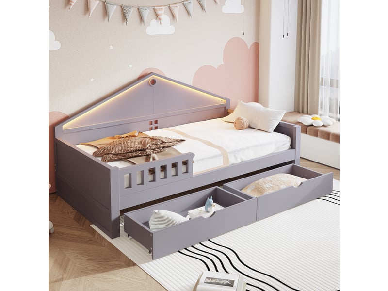  Lit enfant 90x200 cm gris avec bandeau led contrôlable, 2 tiroirs et sommier à lattes inclus  - Conforama B