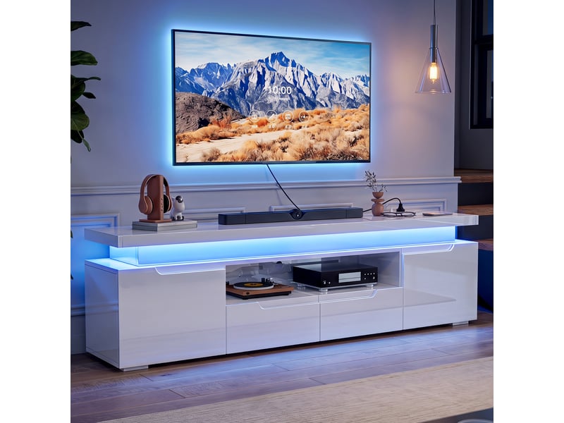  Meuble tv blanc brillant 180 cm avec led rgb et multiprise usb-c, grand rangement, pour tv jusqu’à 75 pouces  - Conforama B