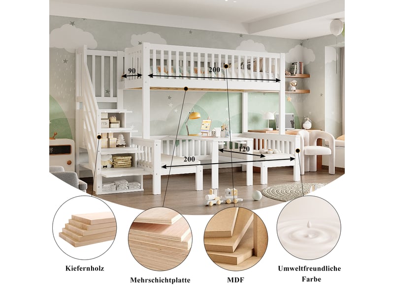 Lit superposé enfant 200×90 cm et 200×120 cm avec escalier de rangement et table rabattable, blanc, sans matelas - Conforama E