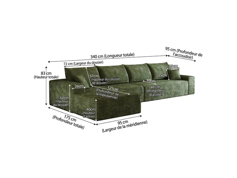  Canapé d'angle modulable vert 4 places avec méridienne - velours côtelé 340 cm - aucun montage requis  - Conforama C