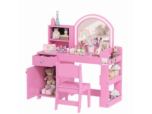 Coiffeuse pour enfants avec tabouret, miroir à led, tiroir, placard et 5 étagères, rose
