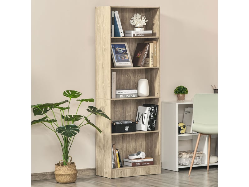  Bibliothèque à 5 niveaux avec 3 étagères réglables anti-basculement, rangement pour salon, bureau, bibliothèque, 63 x 29,5 x 176 cm, bois naturel  - Conforama D