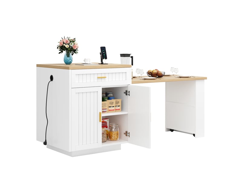  Îlot de cuisine extensible 121,5x70x92 cm avec prise intégrée mdf métal blanc  - Conforama B