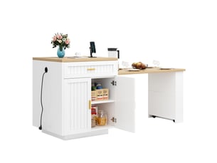 Îlot de cuisine extensible 121,5x70x92 cm jusqu’à 192 cm avec prise intégrée, 1 tiroir et portes rainurées, mdf et métal, blanc