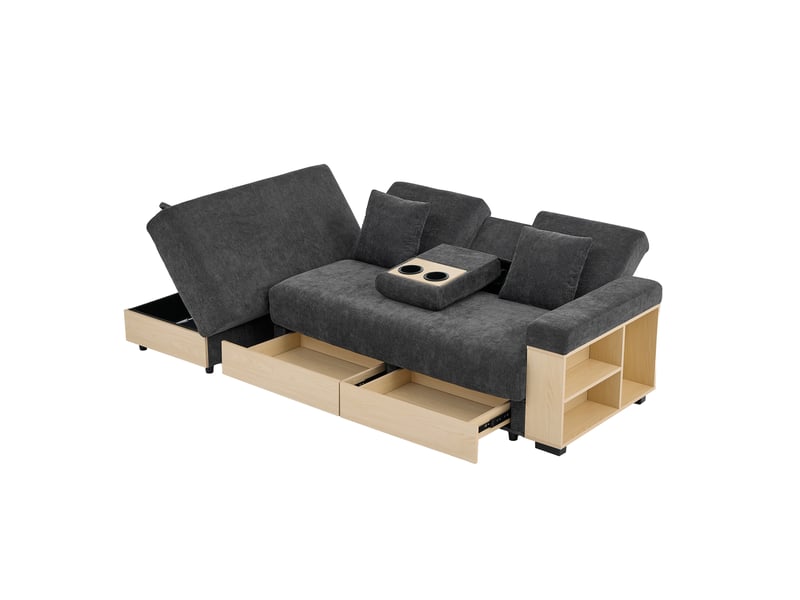  Canapé convertible, canapé-lit, en tissu chenille, gris, porte-gobelets, dossier réglable 3 positions, avec pouf, pour salon, 217 cm  - Conforama E