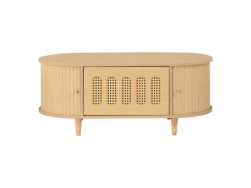  Table basse 100x50x40 cm, rangement avec 1 tiroir et 2 portes coulissantes, motif rotin, mdf, décor bois naturel  - Conforama A