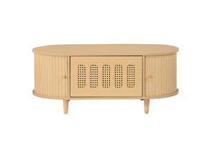 Table basse 100x50x40 cm, rangement avec 1 tiroir et 2 portes coulissantes, motif rotin, mdf, décor bois naturel