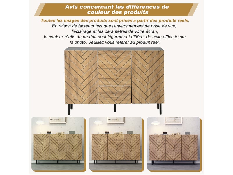 Buffet de salon 120 × 40 × 76 cm, noir et bois naturel, 3 tiroirs et 2 placards fermés, rangement moderne - Conforama R