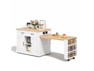 Îlot de cuisine avec table extensible, 2 portes, 2 tiroirs, prises et rangements, blanc et chêne, 132 × 60 × 93 cm