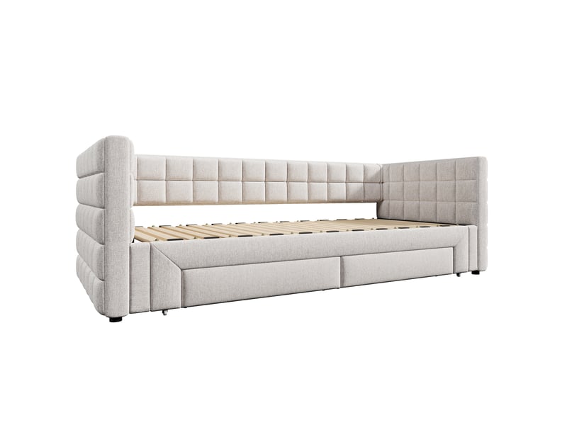 Lit banquette beige 90x200 cm extensible 180 cm avec dossier et 2 tiroirs - Conforama E