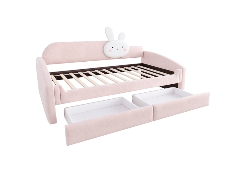  Lit enfant rembourré 90×200cm canapé lit lit capitonné en velours avec led dossier lapin 2 tiroirs - rose  - Conforama A