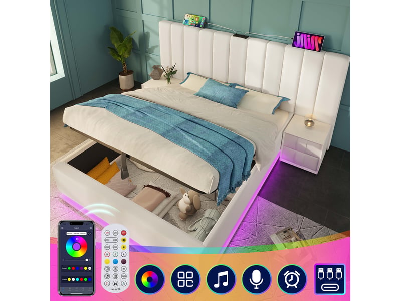 Lit coffre 180x200 cm avec matelas inclus, éclairage led 360° contrôlé par application et télécommande, 3 ports usb et 1 port usb-c, structure en métal et pu, sommier à lattes, blanc, soutien 7 zones, h3 - Conforama E