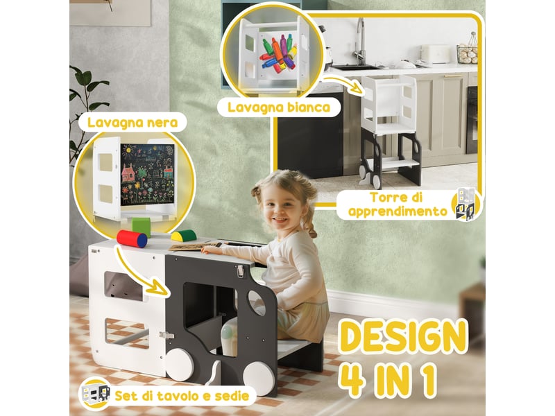 Échelle montessori 4 en 1 pour enfants avec 2 tableaux noirs et un ensemble table et chaise, en bois, 58 x 46 x 92 cm, blanche - Conforama E