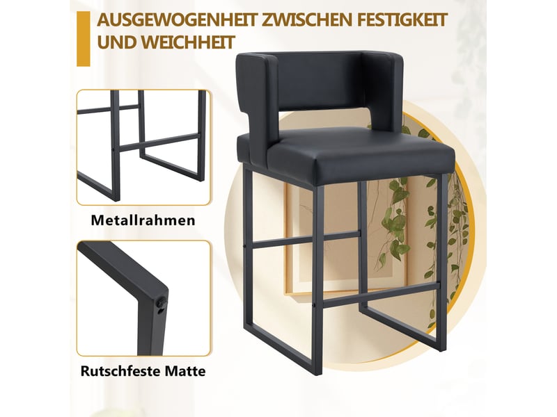  Tabouret de bar avec assise rembourrée et structure métallique stable, style nordique, revêtement pu, noir  - Conforama E
