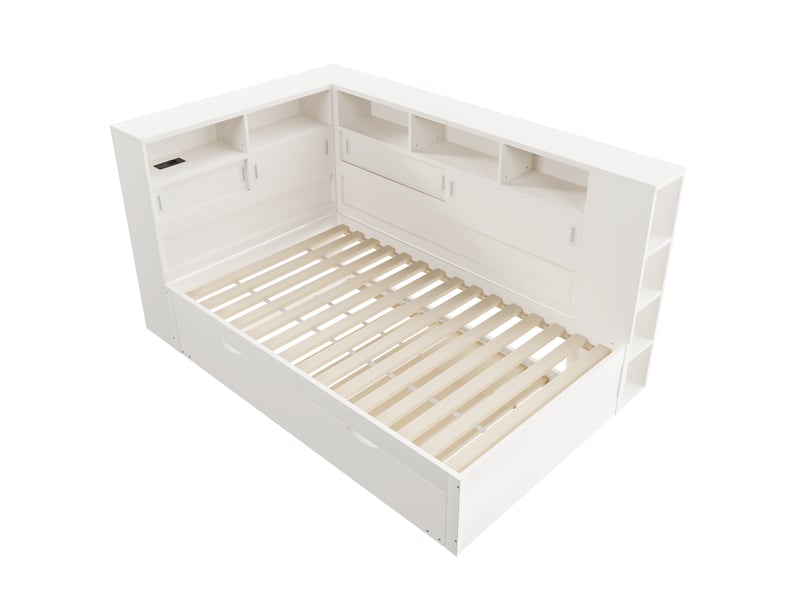 Lit banquette blanc 90x200 cm, lit gigogne 90x190, rangement et usb - Conforama E