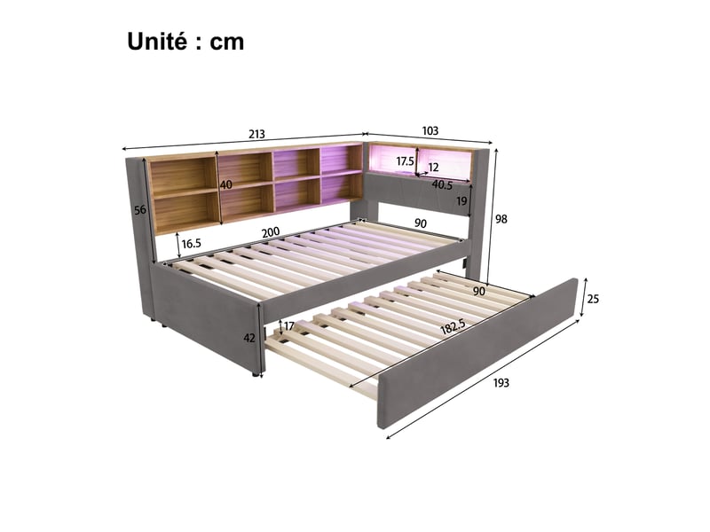  Lit gigogne 2 places en flanelle avec led, usb, type-c et rangements, 90×200 et 90×190 cm, sans matelas  - Conforama D