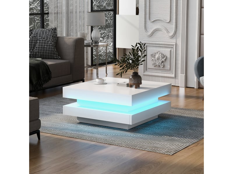 Table basse carrée blanche 70x70 cm avec led bluetooth, table de salon moderne finition brillante, charge max 45 kg  - Conforama E