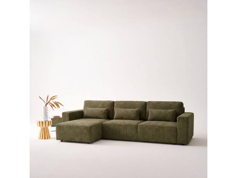  Canapé d'angle convertible réversible 3 places tissu chenille avec coffre de rangement kaki - theo  - Conforama C