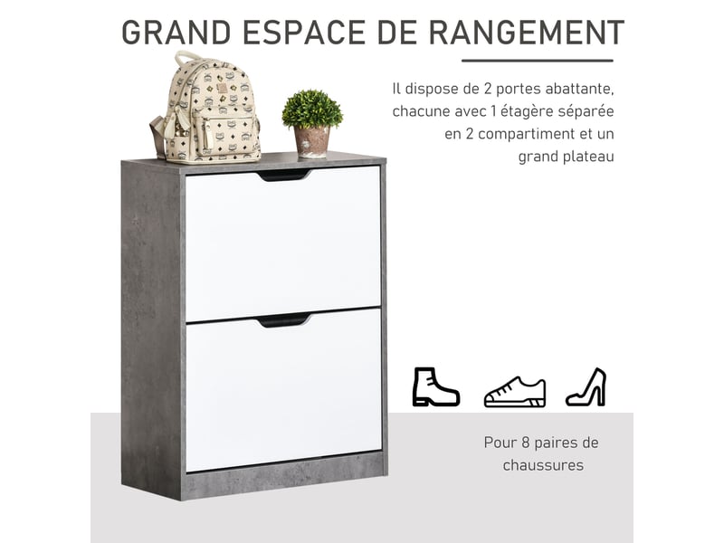  Meuble à chaussures meuble d'entrée placard de rangement, 2 portes abattantes, gris et blanc, 62,5 x 26 x 81 cm  - Conforama A