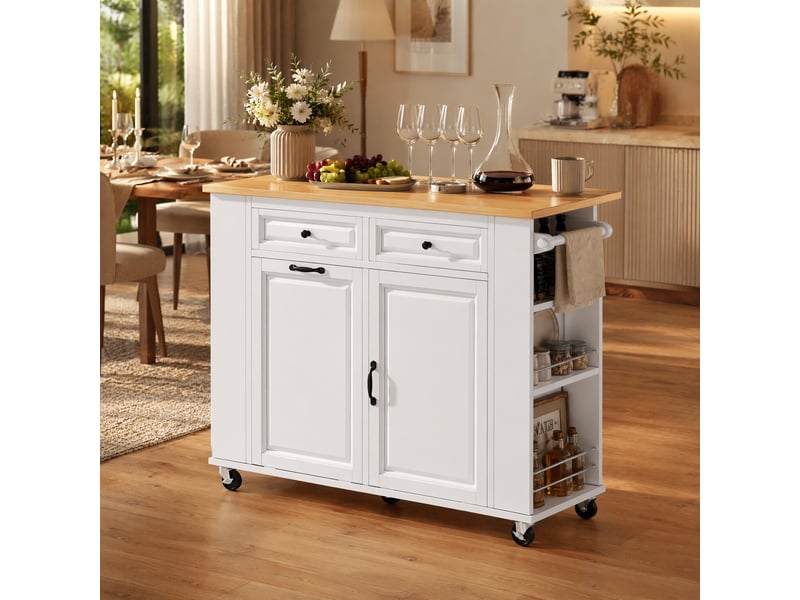  Îlot de cuisine mobile avec plateau rabattable, rangements et prises, en mdf et pb blanc et naturel, 120×40–70×92 cm  - Conforama B
