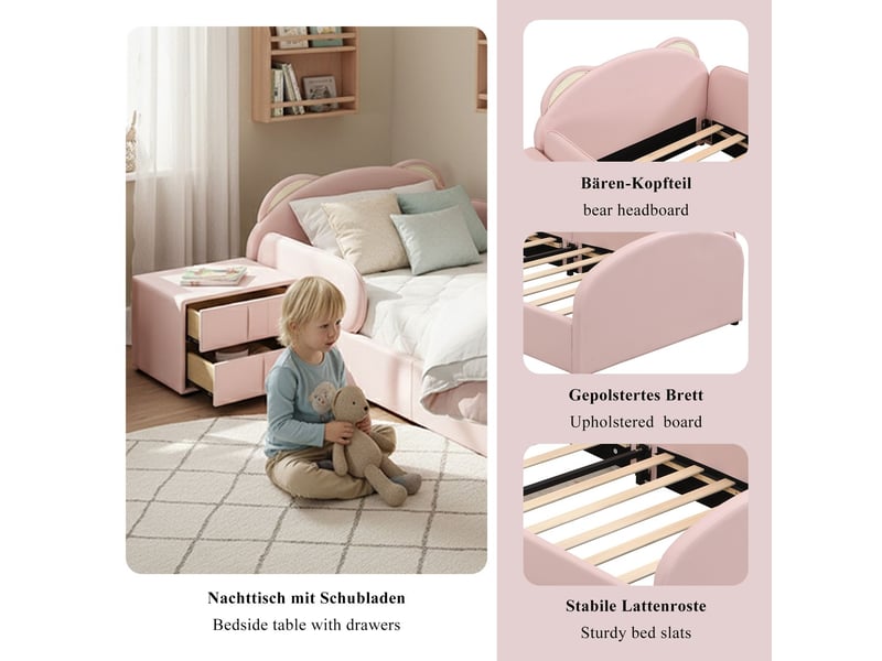  Lit enfant 90 x 200 cm tête de lit en forme d’ours table de chevet assortie bord anti-collision rembourré tête de lit rembourrée velours contreplaqué rose  - Conforama E